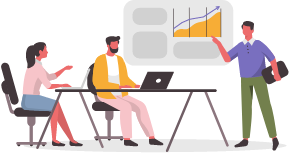 graphic with three business people talking about data